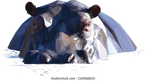 Low poly, geometrical, illustration of an African Hippopotamus submerged in water isolated.