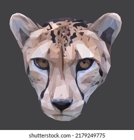Low poly, geometrical, illustration of a female King Cheetah in Southern Africa on a gray background.