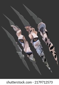 Low poly, geometrical, illustration of a female King Cheetah inside of claw marks on a dark grey background.