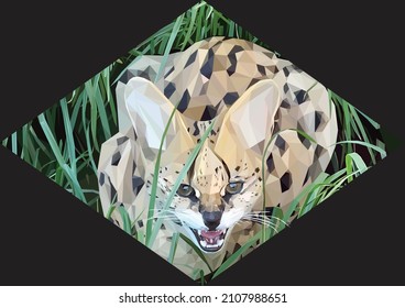 Low poly, geometrical, illustration of a North African Serval snarling inside of a diamond