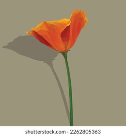 Low poly, geometrical, illustration of an orange and red poppy with a shadow on a green background.