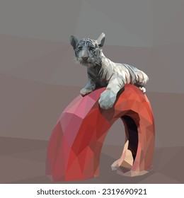 Low poly, geometrical, illustration of a white tiger cub lying down on a red tyre on a brown background. Done in a minimal style