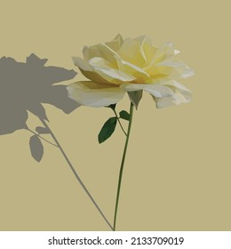 Poli bajo, geométrica, ilustración de una rosa amarilla desde un lado en un fondo amarillo con una sombra.