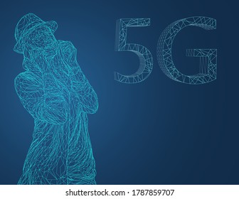 low poly girl talking on the phone. Futuristic wireframe design
