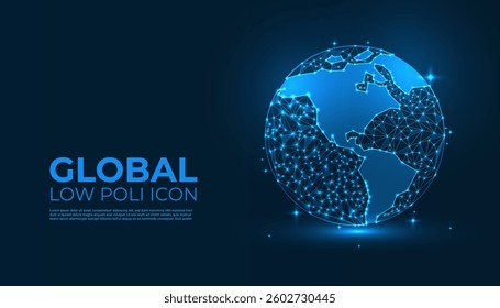 Low Poly Global Icon Background. Word globe icon design with neon lighting color concepts. Neon globe icon