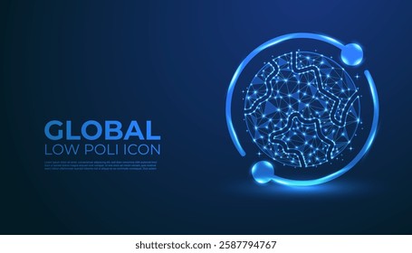 Low Poly Global Icon on Dark Blue Gradient Background – Modern, Geometric, and Minimalist World Symbol for Digital Art, 3D Modeling,  Futuristic Graphics
