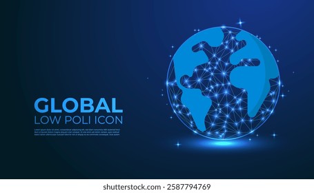Low Poly Global Icon on Dark Blue Gradient Background – Modern, Geometric, and Minimalist World Symbol for Digital Art, 3D Modeling,  Futuristic Graphics
