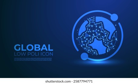 Low Poly Global Icon on Dark Blue Gradient Background – Modern, Geometric, and Minimalist World Symbol for Digital Art, 3D Modeling,  Futuristic Graphics
