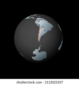 Low poly globe centered to Chile. Red polygonal country on the globe. Satellite view of Chile. Beautiful vector illustration.
