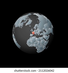 Low poly globe centered to France. Red polygonal country on the globe. Satellite view of France. Classy vector illustration.