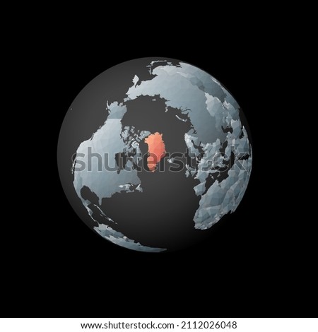 Low poly globe centered to Greenland. Red polygonal country on the globe. Satellite view of Greenland. Trendy vector illustration.