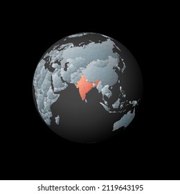 Low poly globe centered to India. Red polygonal country on the globe. Satellite view of India. Awesome vector illustration.