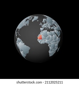 Low-Poly-Globus, der sich auf Mauretanien konzentriert. Rotes polygonal Land auf der Welt. Satellitenblick auf Mauretanien. Herrliche Vektorgrafik.