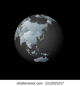 Low poly globe centered on South Korea. Red polygonal country highlighted on the globe. Satellite view of South Korea. Trendy vector illustration.