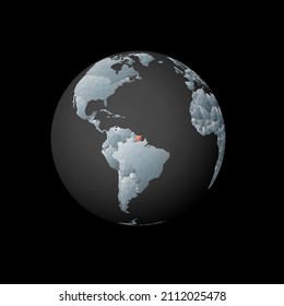 Low poly globe centered on Suriname. Red polygonal country on the globe. Satellite view of Suriname. Modern vector illustration.