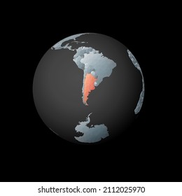 Low poly globe centered on Argentina. Red polygonal country on the globe. Satellite view of Argentina. Attractive vector illustration.