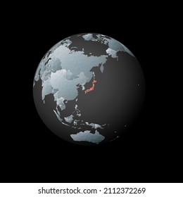 Low poly globe centered on Japan. Red polygonal country on the globe. Satellite view of Japan. Neat vector illustration.