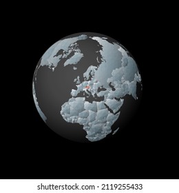 Low poly globe centered on Austria. Red polygonal country on the globe. Satellite view of Austria. Charming vector illustration.