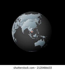 Low poly globe centered on Cambodia. Red polygonal country on the globe. Satellite view of Cambodia. Superb vector illustration.