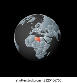 Low poly globe centered on Libya. Red polygonal country highlighted on the globe. Satellite view of Libya. Astonishing vector illustration.