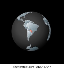 Bajo polo globo centrado en Paraguay. País poligonal rojo en el mundo. Vista satelital de Paraguay. Magnífica ilustración vectorial.