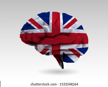Low poly glossy gray brain with 3D United kingdom flag textured shading illustration isolated on white background
