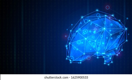 Low poly glowing blue human brain with neural network. Artificial intelligence and brainstorm