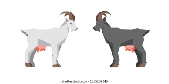 Low-Poly-Ziegen einzeln auf weißem Hintergrund. Ziegensilhouette. Trendy flach Stil. Viehbestand, Nutztier. Grafiken für Milchprodukte, Lebensmittelgeschäft, Bauernmarkt. Vektorgrafik