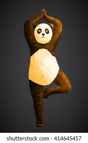 Low poly gold panda in yoga pose - vrksasana(tree pose). Abstract polygonal background.