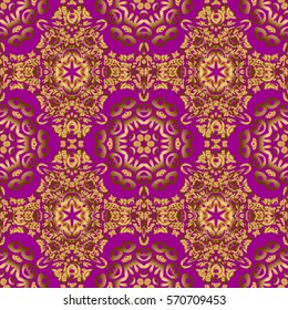 Low poly gold pattern illustration. Golden vintage seamless pattern on a purple background. Abstract vector golden texture.