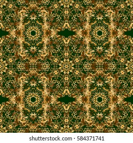 Low poly gold pattern illustration. Golden vintage seamless pattern on a green background. Abstract vector golden texture.