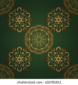 Low poly gold pattern illustration. Golden vintage seamless pattern on a green background. Abstract vector golden texture.
