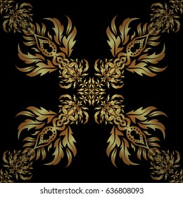 Low poly gold pattern illustration. Golden vintage seamless pattern on a black background. Abstract vector golden texture.