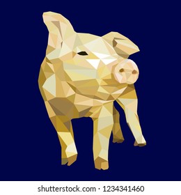 Low poly gold piglet on Blue background