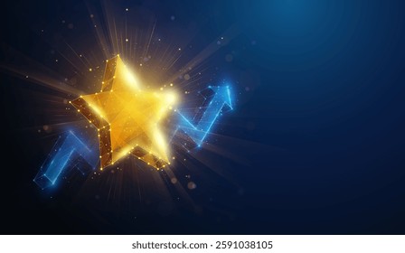 Low Poly Gold Star Rating Over Arrow Up. Abstract geometric illustration depicting growing customer rating for excellent service business concept by wireframe mesh on blue background