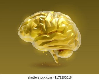 Low poly golden brain with 3D shading illustration glowing on dark gold background with light particle