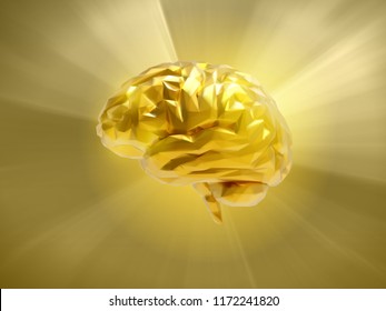 Low poly golden brain with 3D shading illustration glowing and shining on bright gold color tone background