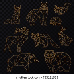 Low poly golden line animals set. Origami poligonal gold line animals. Wolf bear, deer, wild boar, fox, raccoon, rabbit and hedgehog on the transperant background.