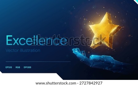 Low Poly Golden Star Rating Award in Hand. Abstract vector illustration where a customer gives gold star review to business for excellent service in wireframe mesh style on blue background.