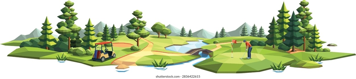 Low poly golf course landscape with golfer putting on green near flag and golf cart, isolated on white background vector illustration.