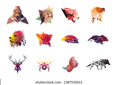 Low poly gorilla, cat, tiger, dog, lion, fox, eagle, rat, deer, spider, rhinoceros and wolf. Geometric logo