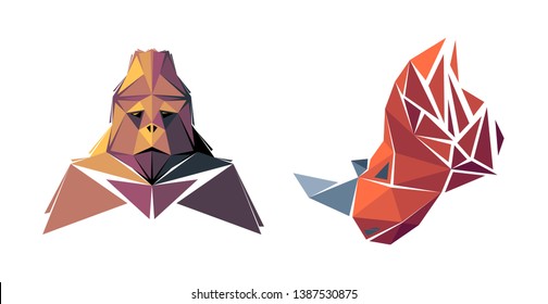 Low poly gorilla and rhinoceros. Geometric logo