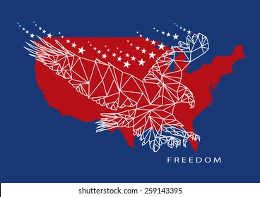 Low Poly graphic design of an American Eagle or bald Eagle with 50 stars on its wings and American Map. Inspired by the colors of the US Flag. Editable Vector EPS10.