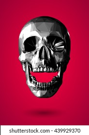 Low poly graphic grayscale 3D skull on red background