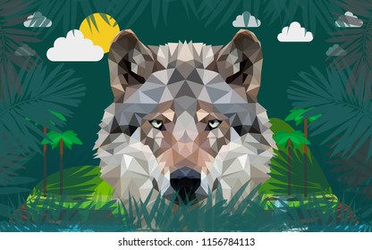 Low poly gray wolf in jungle. vector illustration.