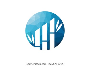 Low Poly and Green Bamboo garden logo design, Vector design template
