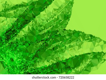 Low poly green mosaic background. Template design, list, front page, brochure layout, banner, idea, cover, print, flyer, book, blank, card, ad, sign, sheet. Copy space. Vector clip art.