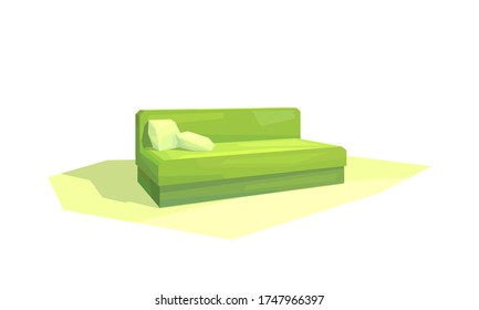 low poly green sofa with pillows, living room interior, isolated furniture, vector, illustration