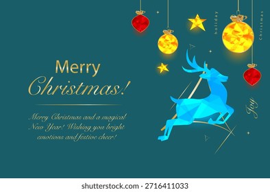 Low Poly Greeting Card with Crystal Polygon Reindeer and Festive Decorations