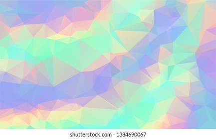 Low poly grid abstract holographic background with polygons, triangles. Holographic paper geometric pattern, tile backdrop. Fashion magazine cover background with neon metallic gradient hologram.